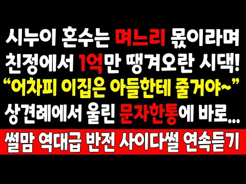 반전실화_시누이 혼수는 며느리 몫이라며 친정에서 1억만 땡겨오란 시댁 "어차피 이집은 아들한테 줄거야~" 상견례에서 울린 문자한통에_사연라디오 라디오사연 사이다썰 결혼시댁친정이혼