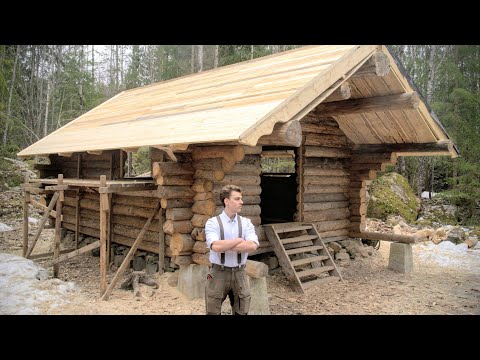 Building Log Cabin Roof Alone in Forest of Sweden