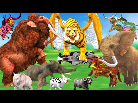 Mammoth Elephant Cow Vs Giant Tiger vs Zombie Bulls Attack Cow Cartoon Baby Elephant Buffalo Gorilla