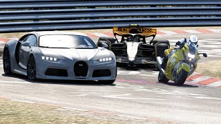 Suzuki Hayabusa vs Hypercars Bugatti, VW T1 Transporter LM917K, F1 McLaren MCL38 at Nordschleife