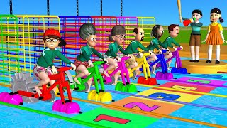 Scary Teacher 3D vs Squid Game Racing Bicycle Water Wheel Challenge Who Faster Water Spray and Cage