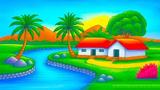 How to Draw a Beautiful Mountain Riverside Landscape Village Scenery with Oil Pastels | Step by Step