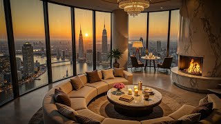 Golden Hour Jazz in a Marble Sky Lounge 🌇 4K Fireplace Ambience with City Sunset Views