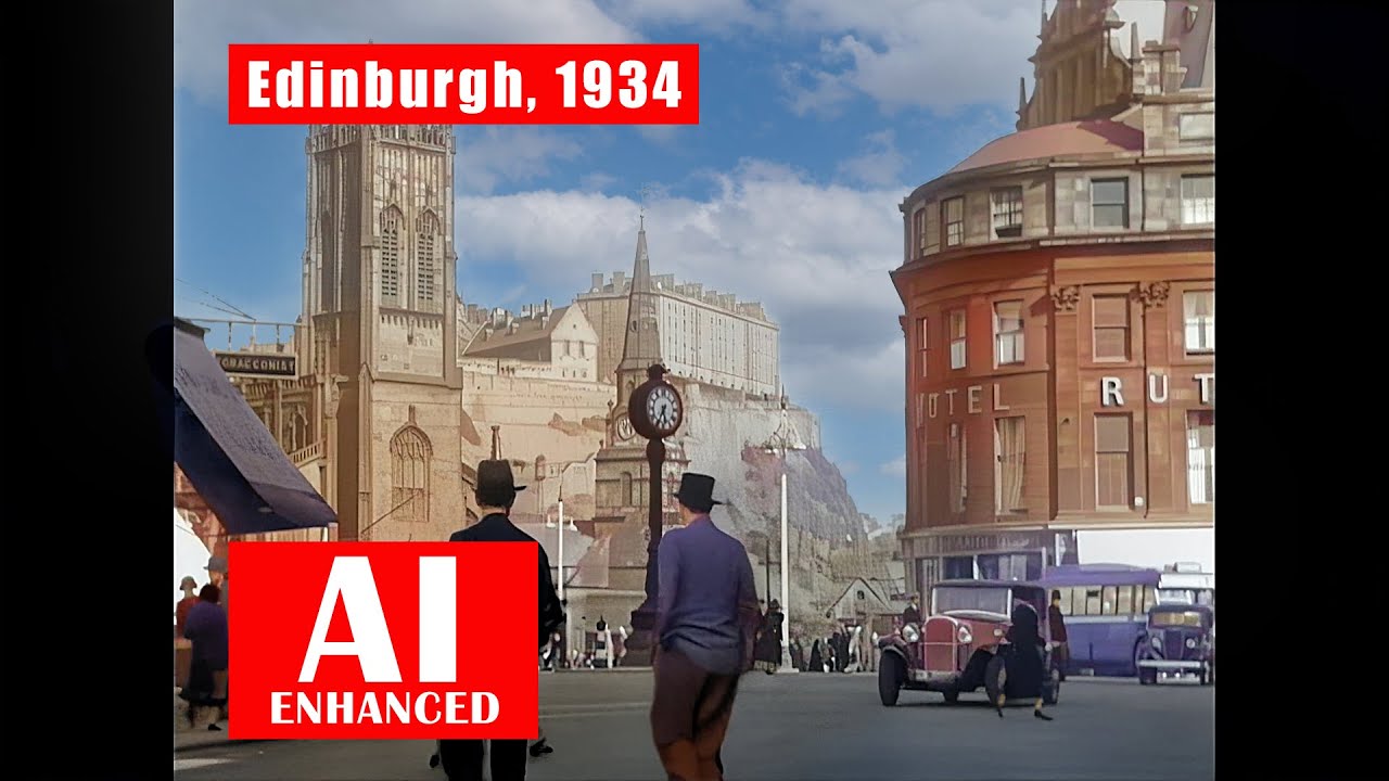 Edinburgh City, 1934. AI Enhanced. BW. Restored, Tone Balanced, Sharpened and Upscaled to 1080 HD