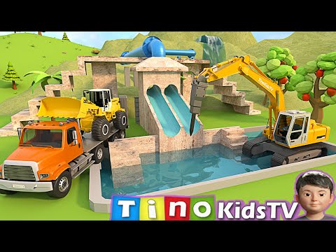 Excavator Hammer Drill Trucks for Kids | Hilltop Water Slide Park Swimming Pool Construction