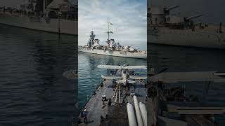 Rare View from a Warship Deck – Recon Plane on Catapult & Italian Cruiser Ahead