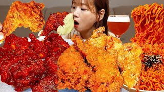 🍗직접튀긴 통다리치킨에 고구마튀김,새우튀김 먹방🥃 후라이드반 양념반 치맥에 불닭은 진리 그잡채..😎 CHICKEN MUKBANG ASMR EATINGSHOW REALSOUND