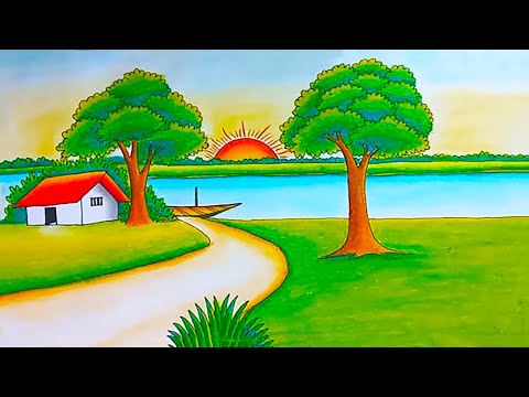 Village sunset scenery drawing | How to draw beautiful riverside village sunset/ Sunset drawing easy