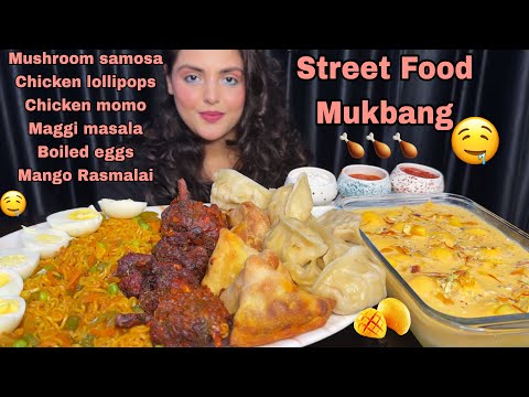 Eating Indian Street Food: Mushroom Samosa, Chicken Lollipop, Momo, Maggi, Boiled Egg, Rasmalai-ASMR