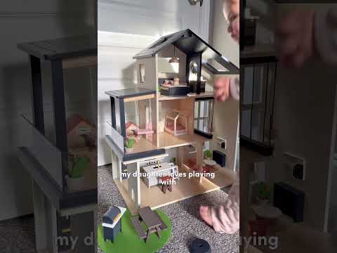 Wooden Doll House, Modern Family Dollhouse with Realistic Design - 7 Rooms Dollhouse with 53 PCS Accessories, Montessori Pretend Play Toddler Toy Youtube thumbnail image number 10