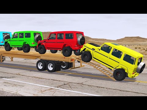 Double Flatbed Trailer Truck vs Speedbumps Train vs Cars Tractor vs Train Beamng Drive#592