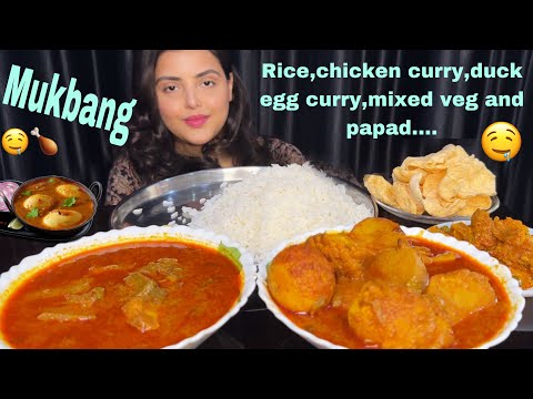 Eating Rice, Spicy Chicken Curry, Spicy Duck Egg Curry, Mixed Veg, Papad | Eating Show | Big Bites