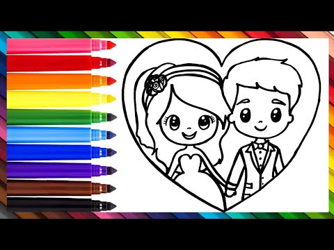 Dibuja y Colorea A Una Pareja Recién Casada: Una Novia Y Un Novio 👰💐💍🤵❤️🌈 Dibujos Para Niños