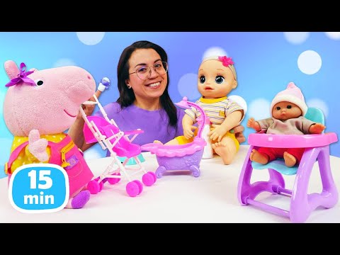 Peppa cuida a la bebé de Barbie. Como Mamá. Vídeo infantil.