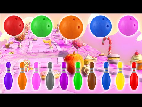🍎🥦🍬🎳 Learn Fruits, Vegetables & Shapes with Kinetic Sand Bowling Ball Bash Smash Candyland Adventure