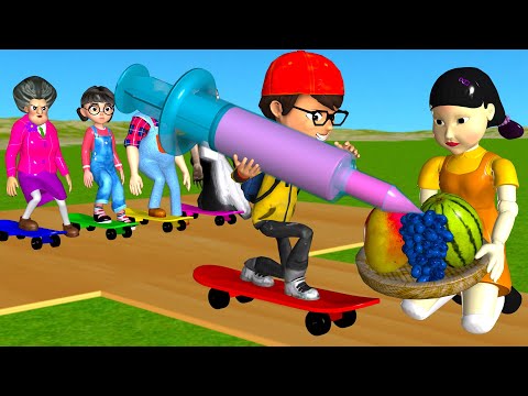 Scary Teacher 3D vs Squid Game Take Care of Tree vs Water Syringe and SkateBoard 5 Times Challenge