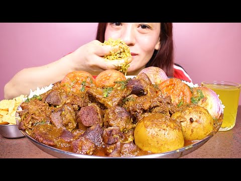 EATING SPICY MUTTON CURRY WITH BASMATI RICE #ASMR/EATING SHOW BIG BITES #MUKBANG