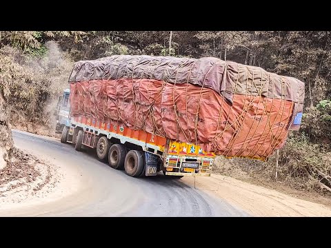 Heavy Loaded Truck Slips off the Road—Crazy Truck Driver Unable to Turn at Hairpin Curve Ghat Road