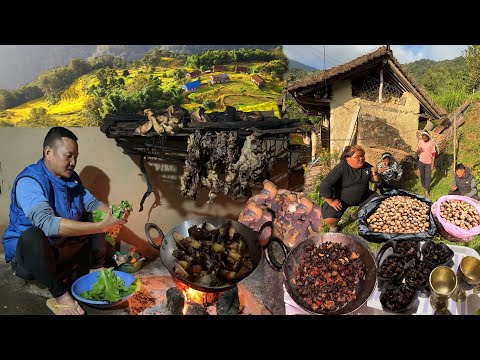 Eastern Nepal Rural Village Cooking Smokey Pork Buff Dry Meat Bhojpur Dilpa Nagi Organic Katus Hunt