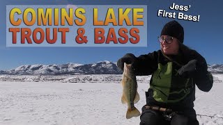 Ice Fishing Comins Lake, NV - JESS' FIRST BASS! - Rainbow Trout and Largemouth