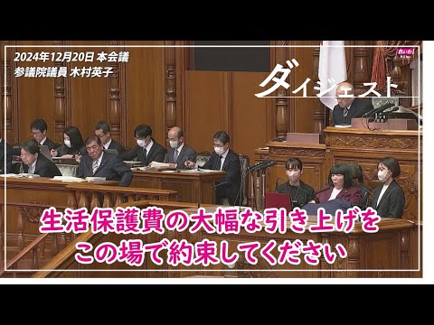 木村英子【生活に困っている、国民の命を守るために】2024年12月20日 参議院・本会議【国会ダイジェスト】