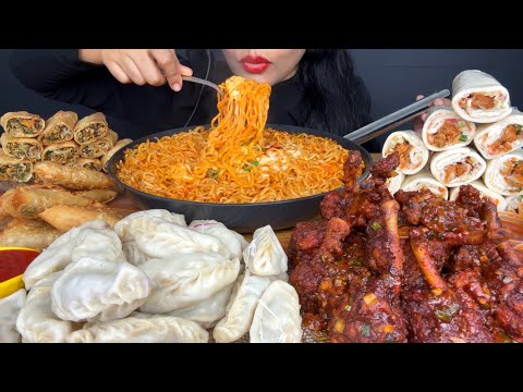 ASMR EATING SPICY NOODLES,MOMO,CHICKEN LOLLIPOP,SPRING ROLL,SAMOSA,SHAWARMA,STREET FOOD