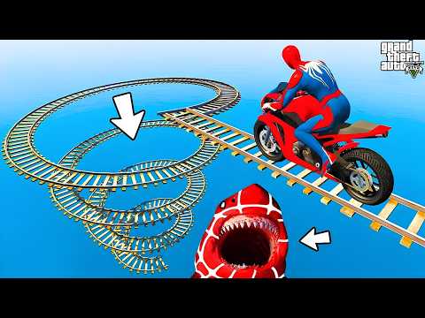 سبايدر مان اصعب دراجة نارية فوق اسماك القرش - Superheroes Ride on Motorcycle Stunt Funny Moments??