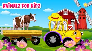 The tractor brought animals, a cow, a horse, a chicken and others  Animal sounds
