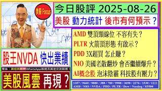 全球股王NVDA業績 美股再現風雲？美股 動力統計 有何預示？ AI概念股泡沫陰霾 有壓力？AMD 雙頂頸線不容有失？PLTR 火箭頂形態 有啟示？PDD 3X超買 怎止賺？NlO罕有活躍 會否再升？