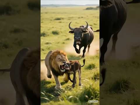 A Mother’s Love is Unstoppable : A Cow Fights the Prairie King Lion to Save Her Calf #wildwonders