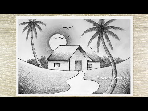 Beautiful Sunset Landscape Drawing with Pencil, Pencil Shading, Pencil Art easy