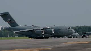 A US Air Force C-17 Globemaster III aircraft arrives at Yokota Air Base, Japan.