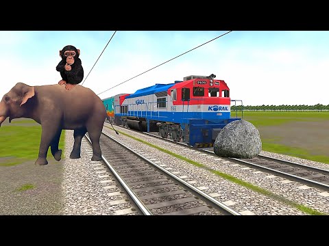 Baby monkey stops the train & Save by Crazy Elephant | Train Simulator funny video