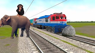 Baby monkey stops the train & Save by Crazy Elephant | Train Simulator funny video