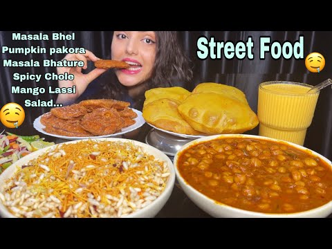 ASMR Eating Chole Bhature, Masala Bhel (Jhal Muri), Pumpkin Pakora, Mango Lassi | Mukbang Eating