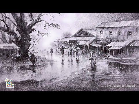 How to draw Rainy Season in Old Village Street with Pencil Art