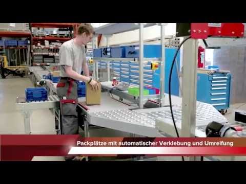 Verpackungsanlage: Behälterpuffer, Packplätze, Kartonverschließer, Schlauchheber
