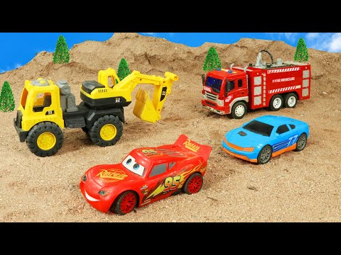 Rescue the truck from the pit with excavator and crane truck | Car toy stories | Enjo mini farm