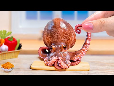 🐙 Delicious Miniature Spicy Stir fried Octopus Recipe 🌶️Attractive Mini Seafood Dish Tiny Cakes🍽️