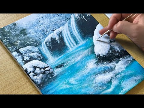 How to Draw a Winter Waterfall / Acrylic Painting for Beginners