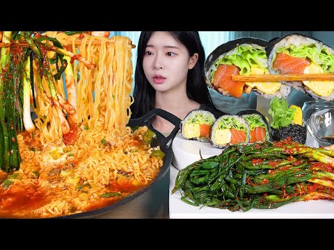 ASMR MUKBANG | 열라면 & 매운 파김치 & 연어장김밥 🔥 먹방! Spicy Ramyun Noodles & Green Onion Kimchi & Salmon Gimbap