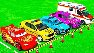TRANSPORTING PIXAR CARS & FRUITS WITH COLORED & JOHN DEERE vs CLAAS vs TRACTORS - BeamNG.drive #963
