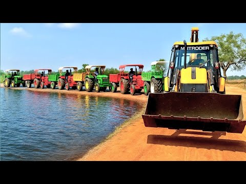 New JCB 🟡 Eco Xpert Backhoe Machine Loading Mud in 3 Mahindra And 3 New Holland Tractor Trolley || 