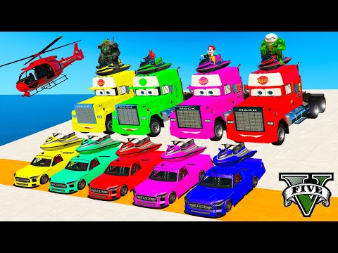 Spiderman & Super Heroes Race In Mega Ramps By Mack Trucks & Sea Bikes Super Cars