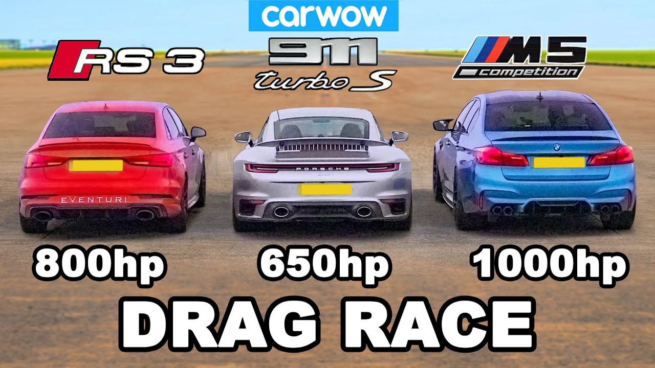 BMW M5 1, 000hp v Audi RS3 800hp v Porsche 911 Turbo S - DRAG RACE