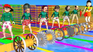 Scary Teacher 3D vs Squid Game Swimming Race with Wooden Wheel 100M Challenge Who Faster Cage Doors