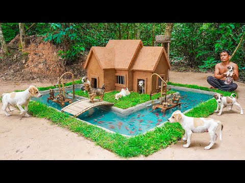Dog House Build in Jungle For Rescued Puppies And Build Fish Pond For Redfish