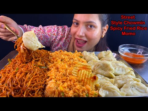 Eating Spicy🔥 Street Style Chowmin, Spicy Fried Rice, Juicy Momo | Indian Street Food Eating Show