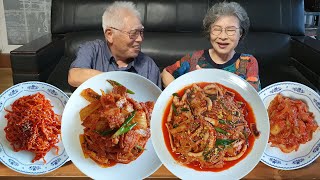 할머니가 유튜브를 처음 하게 된 이야기~! 매콤한 김치 제육볶음 먹방 (오징어 콩나물찜, 진미채볶음) Spicy Korean Pork with Kimchi