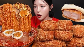SUB)냉불닭볶음면에 겉바속촉 돈까스 먹방! 치돈에 카츠산도까지 불닭 라면 꿀조합 Spicy Cold Buldak Noodle with Pork Cutlet Mukbang ASMR